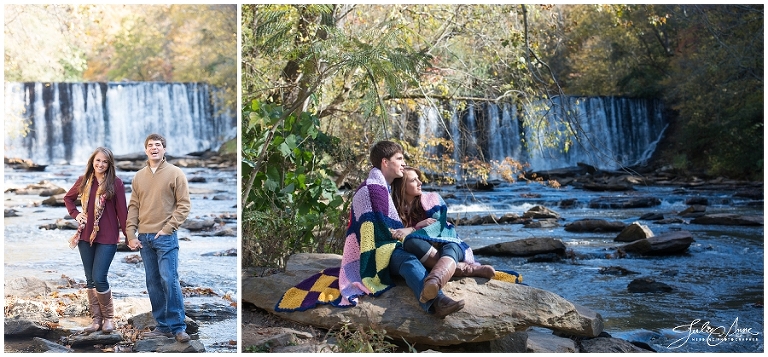 Fall engagement session photography at Roswell Historic Mill by the waterfall, Julie Anne Wedding Photographer, Atlanta