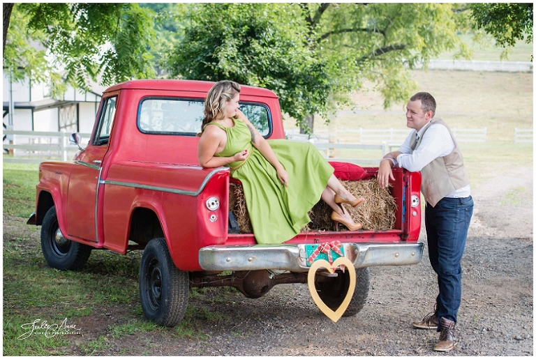 vintage truck engagement photography session with red truck at Little River Farms Atlanta, Julie Anne Atlanta wedding photographer