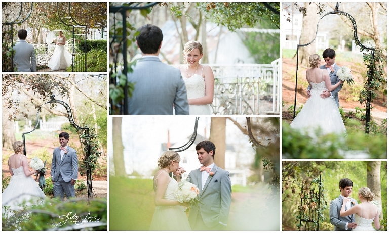 first look between bride and groom at primrose cottage wedding in roswell georgia by julie anne photo